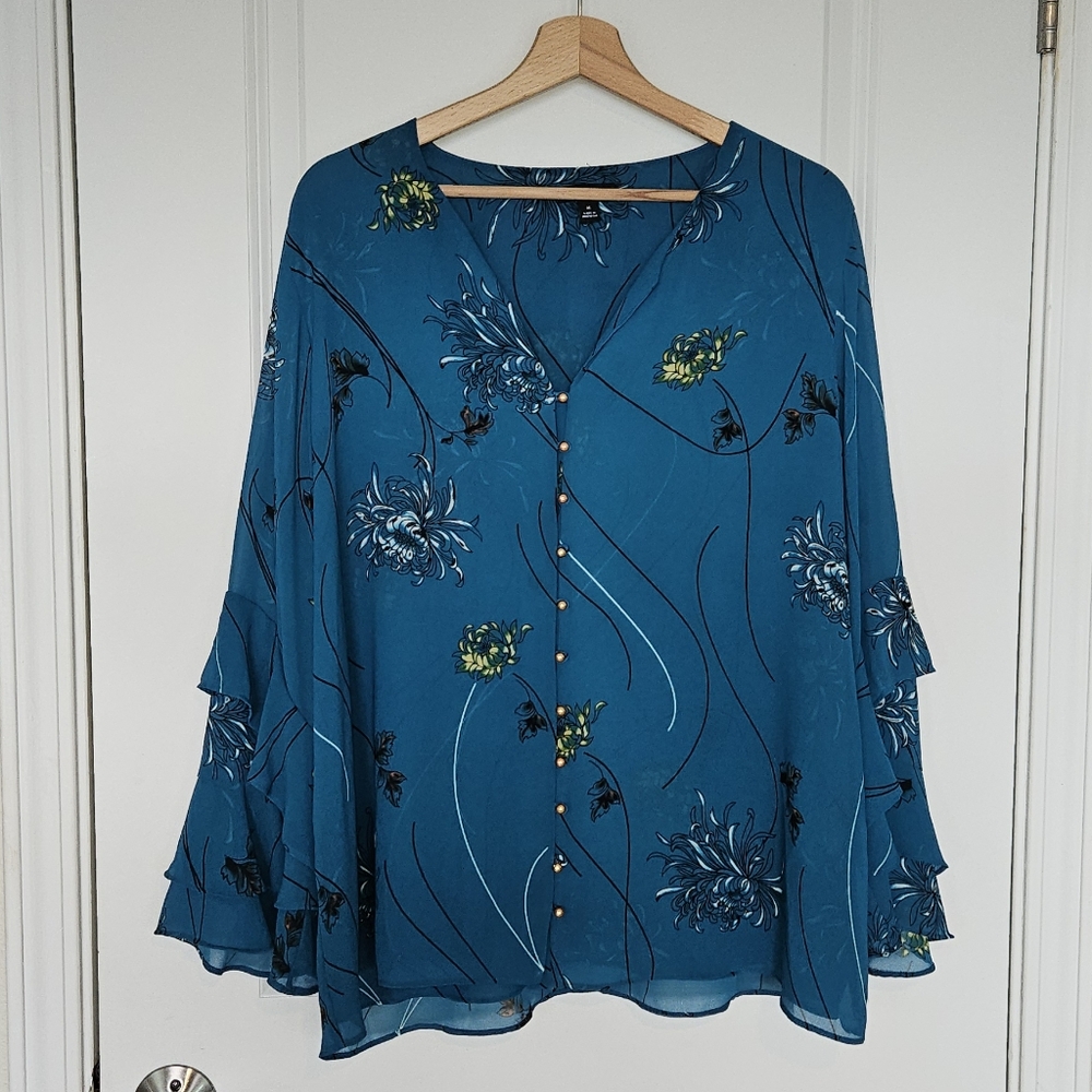 Alfani Blue Ruffled Blouse with Floral Print